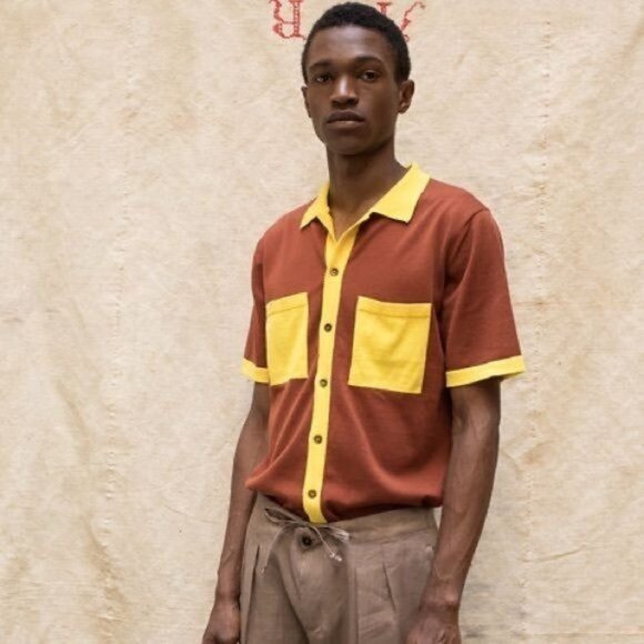 Luca Larenza Color-block Knitted "Bowling Shirt" in Tobacco and Yellow Sun